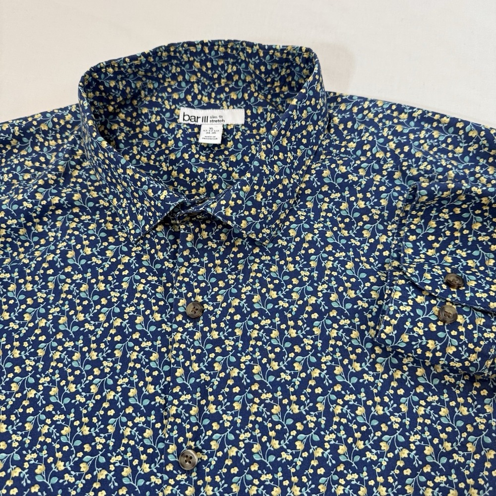 BAR III Floral Vine Slim Fit Button Shirt Mens‎ XL 17-17.5 34-35 Blue  Oxford